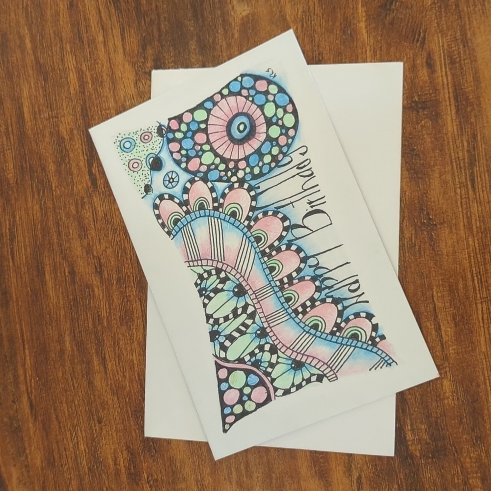 🌻 5/$20 Handmade Zentangle Card- Blue, Pink & Green-Birthday Card